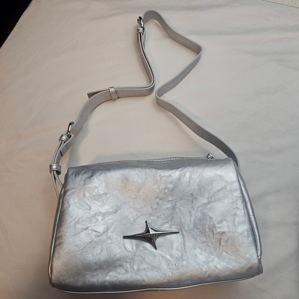 Shimmery Silver Faux Leather Shoulder Bag Purse Belt Buckle Shoulder Strap